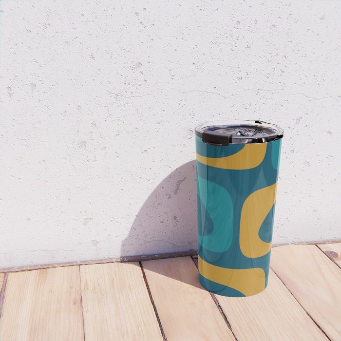 Mid Century Modern Minimalist Abstract Piquet Pattern in Moroccan Teal Blue and Mustard Gold Travel Mug Gallery Image 4