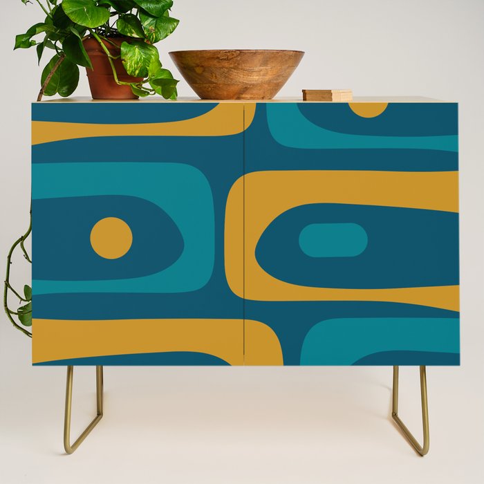 Mid Century Modern Minimalist Abstract Piquet Pattern in Moroccan Teal Blue and Mustard Gold Credenza Gallery Image 1