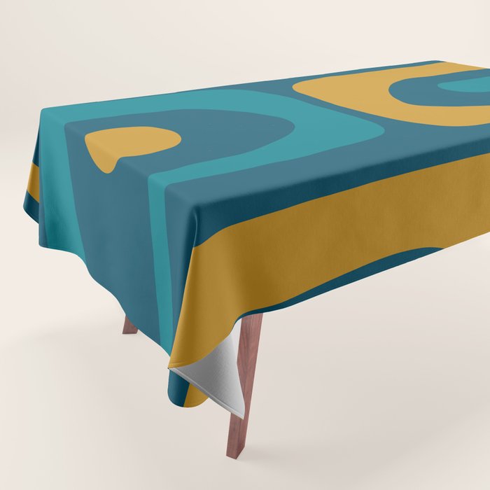 Mid Century Modern Minimalist Abstract Piquet Pattern in Moroccan Teal Blue and Mustard Gold Tablecloth Gallery Image 1