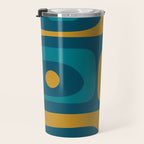 Mid Century Modern Minimalist Abstract Piquet Pattern in Moroccan Teal Blue and Mustard Gold Travel Mug Gallery Image 3