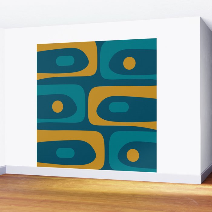 Mid Century Modern Minimalist Abstract Piquet Pattern in Moroccan Teal Blue and Mustard Gold Wall Mural Gallery Image 2