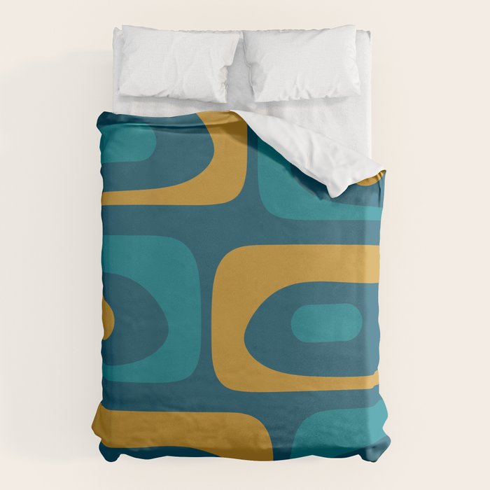 Mid Century Modern Minimalist Abstract Piquet Pattern in Moroccan Teal Blue and Mustard Gold Duvet Cover Gallery Image 1