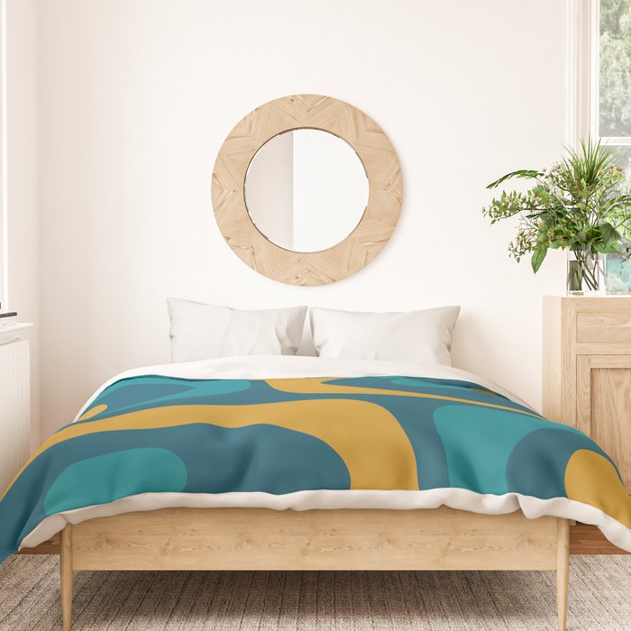 Mid Century Modern Minimalist Abstract Piquet Pattern in Moroccan Teal Blue and Mustard Gold Duvet Cover Gallery Image 3