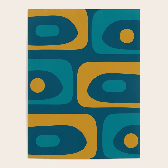 Mid Century Modern Minimalist Abstract Piquet Pattern in Moroccan Teal Blue and Mustard Gold Poster Gallery Image 1