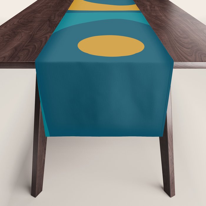 Mid Century Modern Minimalist Abstract Piquet Pattern in Moroccan Teal Blue and Mustard Gold Table Runner Gallery Image 1