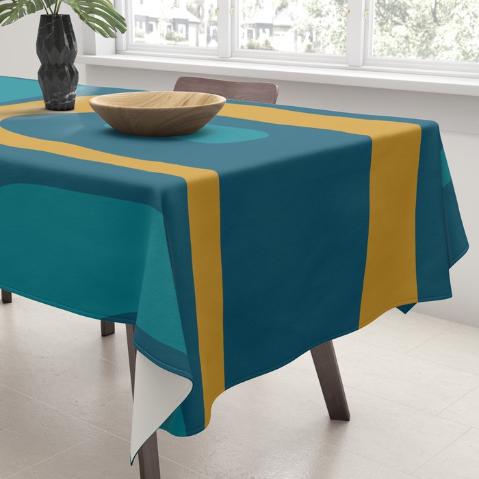 Mid Century Modern Minimalist Abstract Piquet Pattern in Moroccan Teal Blue and Mustard Gold Tablecloth Gallery Image 3