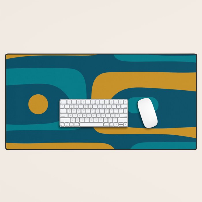 Mid Century Modern Minimalist Abstract Piquet Pattern in Moroccan Teal Blue and Mustard Gold Desk Mat Gallery Image 1