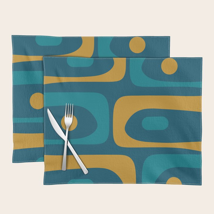 Mid Century Modern Minimalist Abstract Piquet Pattern in Moroccan Teal Blue and Mustard Gold Placemat Gallery Image 1