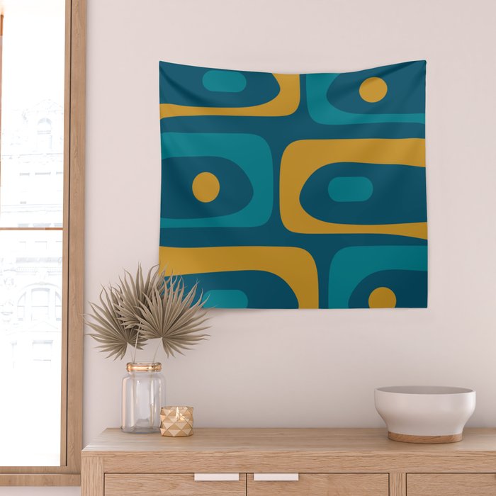Mid Century Modern Minimalist Abstract Piquet Pattern in Moroccan Teal Blue and Mustard Gold Wall Tapestry Gallery Image 2