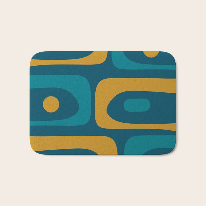 Mid Century Modern Minimalist Abstract Piquet Pattern in Moroccan Teal Blue and Mustard Gold Bath Mat Gallery Image 1