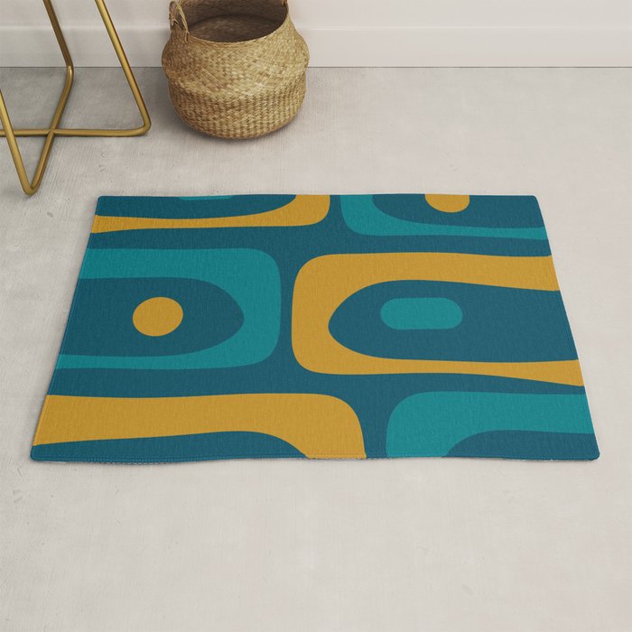 Mid Century Modern Minimalist Abstract Piquet Pattern in Moroccan Teal Blue and Mustard Gold Rug Gallery Image 1