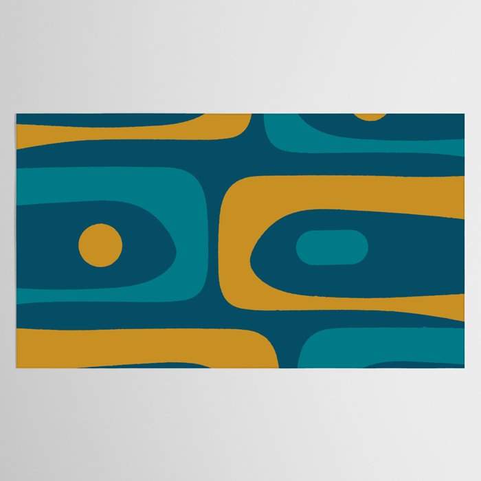 Mid Century Modern Minimalist Abstract Piquet Pattern in Moroccan Teal Blue and Mustard Gold Tablecloth Gallery Image 2