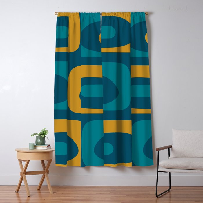 Mid Century Modern Minimalist Abstract Piquet Pattern in Moroccan Teal Blue and Mustard Gold Window Curtain Gallery Image 1