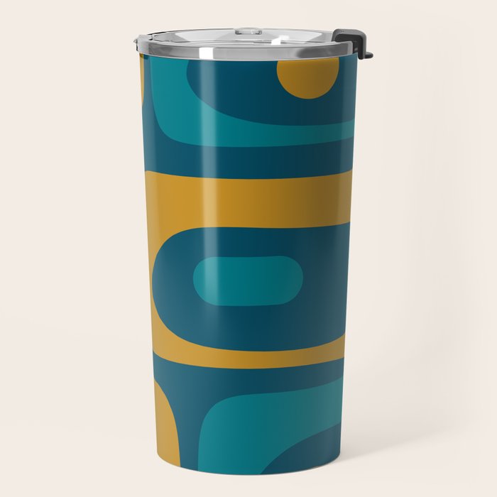 Mid Century Modern Minimalist Abstract Piquet Pattern in Moroccan Teal Blue and Mustard Gold Travel Mug Gallery Image 2