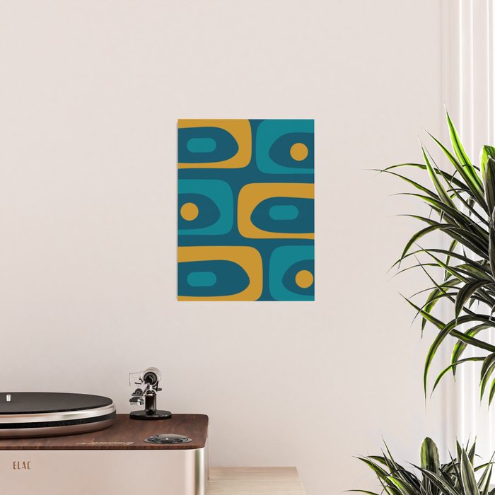 Mid Century Modern Minimalist Abstract Piquet Pattern in Moroccan Teal Blue and Mustard Gold Poster Gallery Image 2