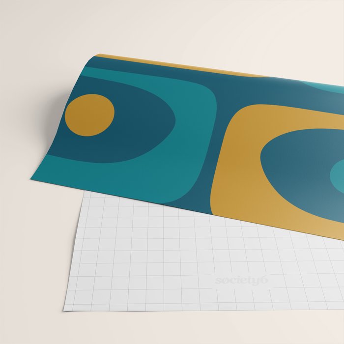 Mid Century Modern Minimalist Abstract Piquet Pattern in Moroccan Teal Blue and Mustard Gold Wrapping Paper Gallery Image 2