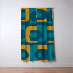 Mid Century Modern Minimalist Abstract Piquet Pattern in Moroccan Teal Blue and Mustard Gold Window Curtain Gallery Image 3