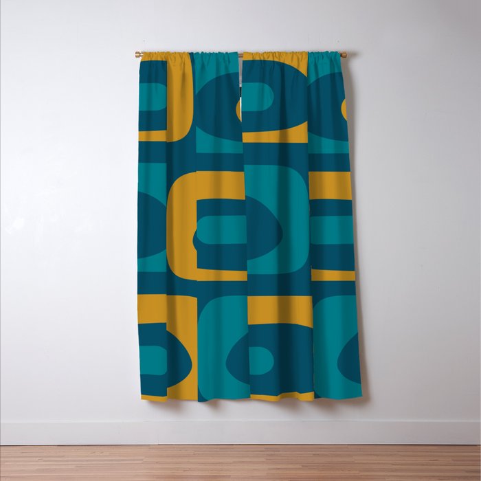 Mid Century Modern Minimalist Abstract Piquet Pattern in Moroccan Teal Blue and Mustard Gold Window Curtain Gallery Image 3