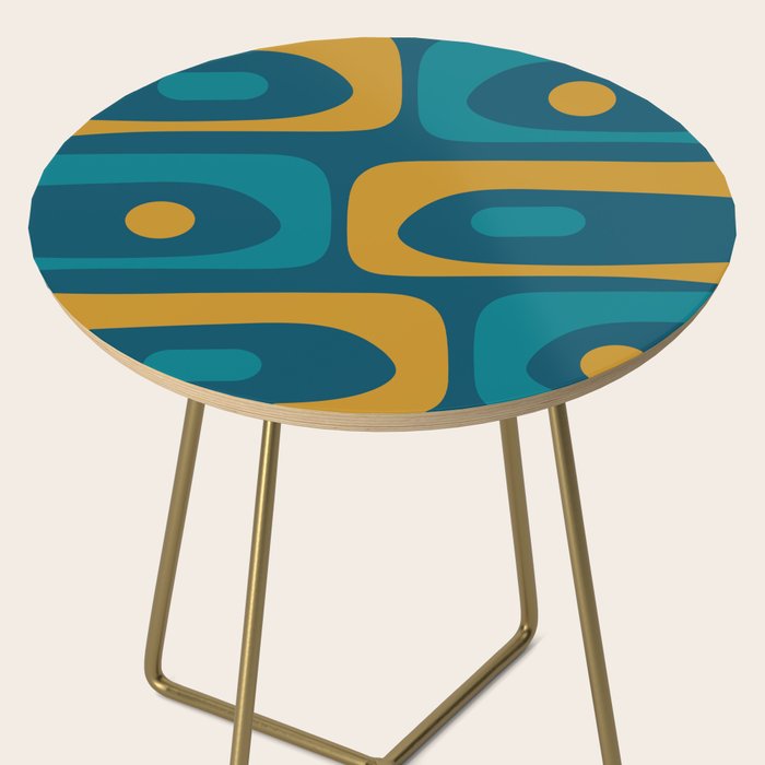 Mid Century Modern Minimalist Abstract Piquet Pattern in Moroccan Teal Blue and Mustard Gold Side Table Gallery Image 2