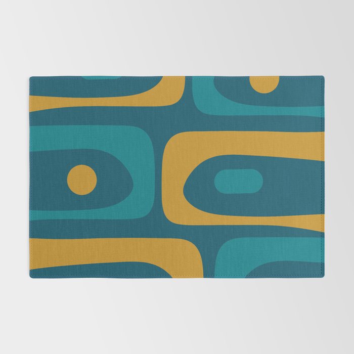 Mid Century Modern Minimalist Abstract Piquet Pattern in Moroccan Teal Blue and Mustard Gold Rug Gallery Image 2