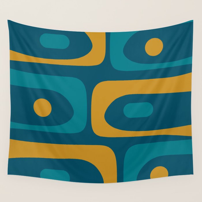 Mid Century Modern Minimalist Abstract Piquet Pattern in Moroccan Teal Blue and Mustard Gold Wall Tapestry Gallery Image 1