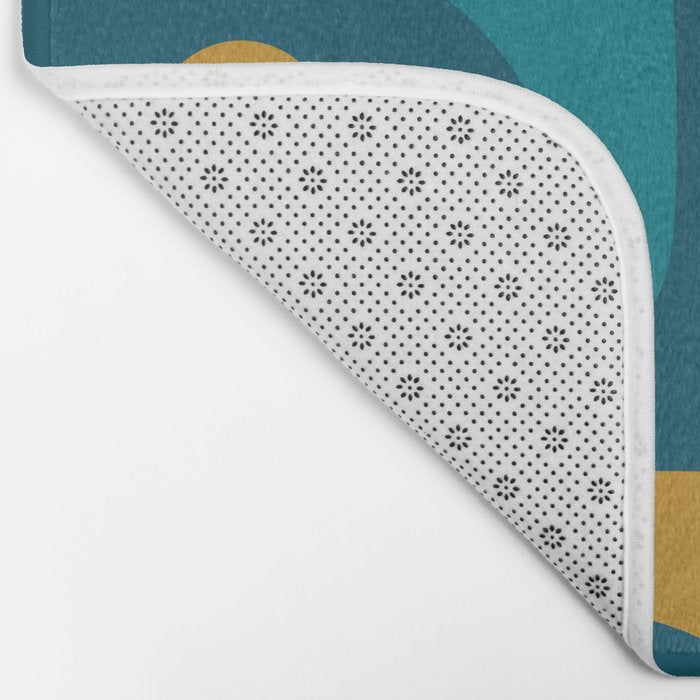 Mid Century Modern Minimalist Abstract Piquet Pattern in Moroccan Teal Blue and Mustard Gold Bath Mat Gallery Image 2