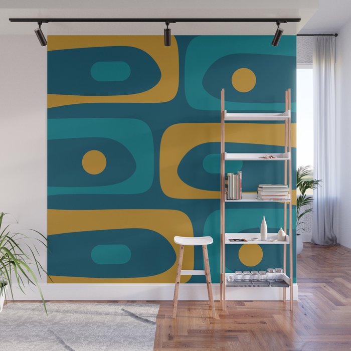 Mid Century Modern Minimalist Abstract Piquet Pattern in Moroccan Teal Blue and Mustard Gold Wall Mural Gallery Image 1