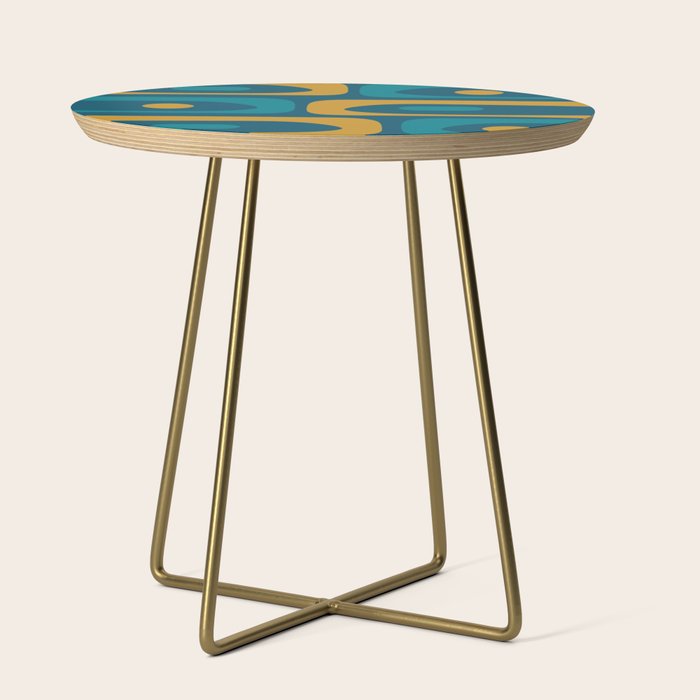 Mid Century Modern Minimalist Abstract Piquet Pattern in Moroccan Teal Blue and Mustard Gold Side Table Gallery Image 1