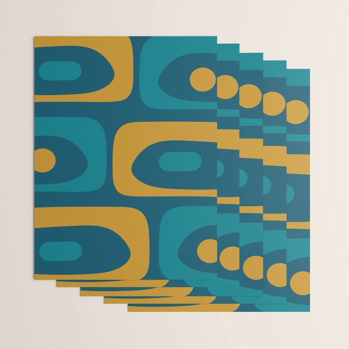 Mid Century Modern Minimalist Abstract Piquet Pattern in Moroccan Teal Blue and Mustard Gold Wrapping Paper Gallery Image 3