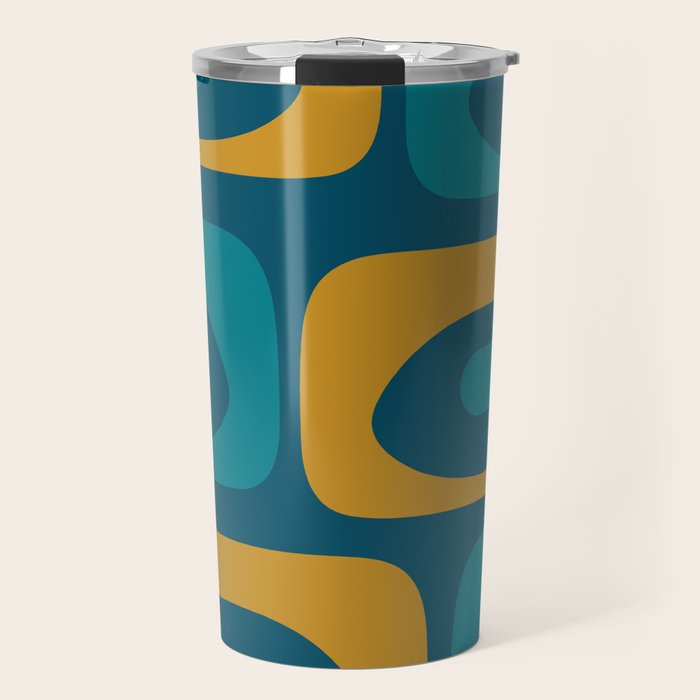 Mid Century Modern Minimalist Abstract Piquet Pattern in Moroccan Teal Blue and Mustard Gold Travel Mug Gallery Image 1