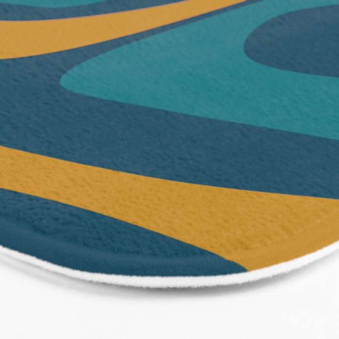 Mid Century Modern Minimalist Abstract Piquet Pattern in Moroccan Teal Blue and Mustard Gold Bath Mat Gallery Image 3