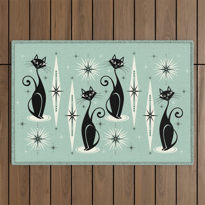 Mid Century Meow Retro Atomic Cats Mint Outdoor Rug Gallery Image 1