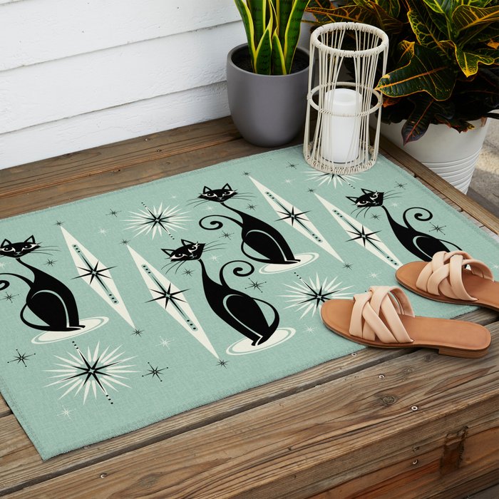 Mid Century Meow Retro Atomic Cats Mint Outdoor Rug Gallery Image 2