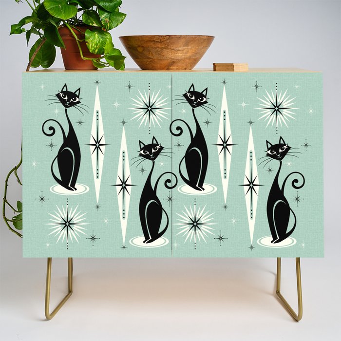 Mid Century Meow Retro Atomic Cats Mint Credenza Gallery Image 1