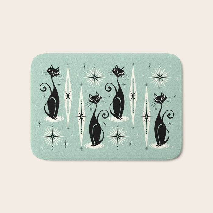 Mid Century Meow Retro Atomic Cats Mint Bath Mat Gallery Image 1