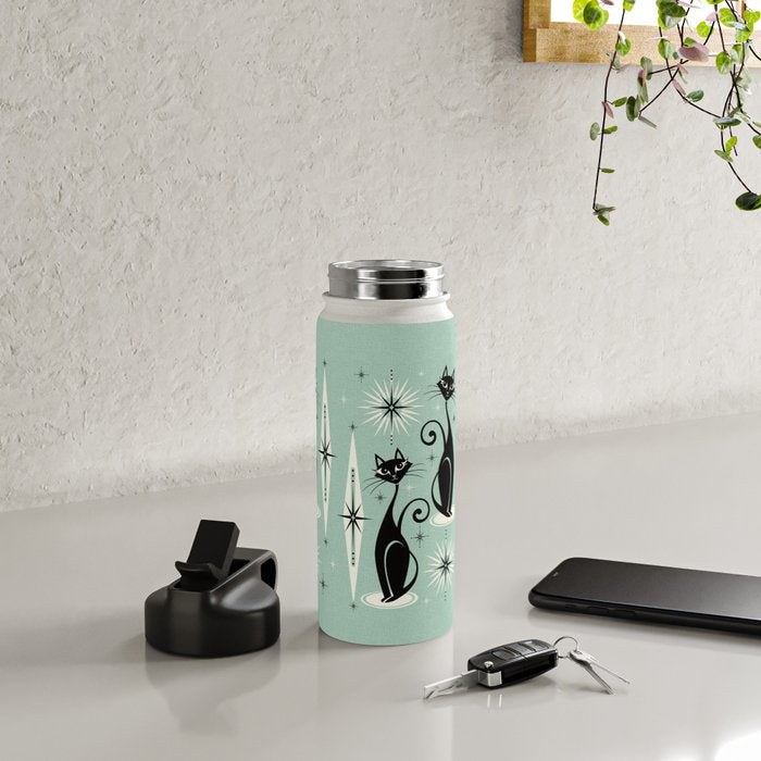 Mid Century Meow Retro Atomic Cats Mint Water Bottle Gallery Image 4