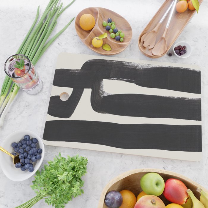 Mid Century Modern Minimalist Abstract Art Brush Strokes Black & White Ink Art Ancient Stripes Cutting Board Gallery Image 2