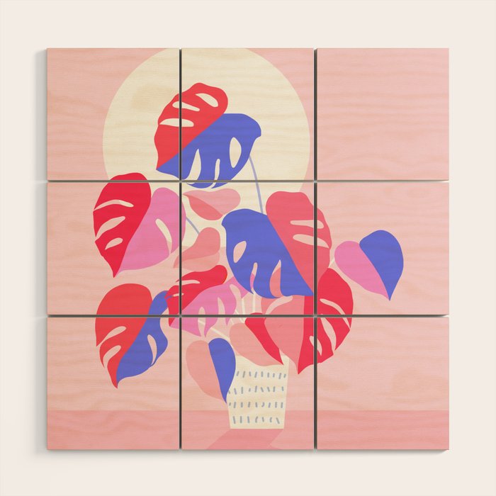 Pretty Monstera Plant in blue and pink Wood Wall Art Gallery Image 1