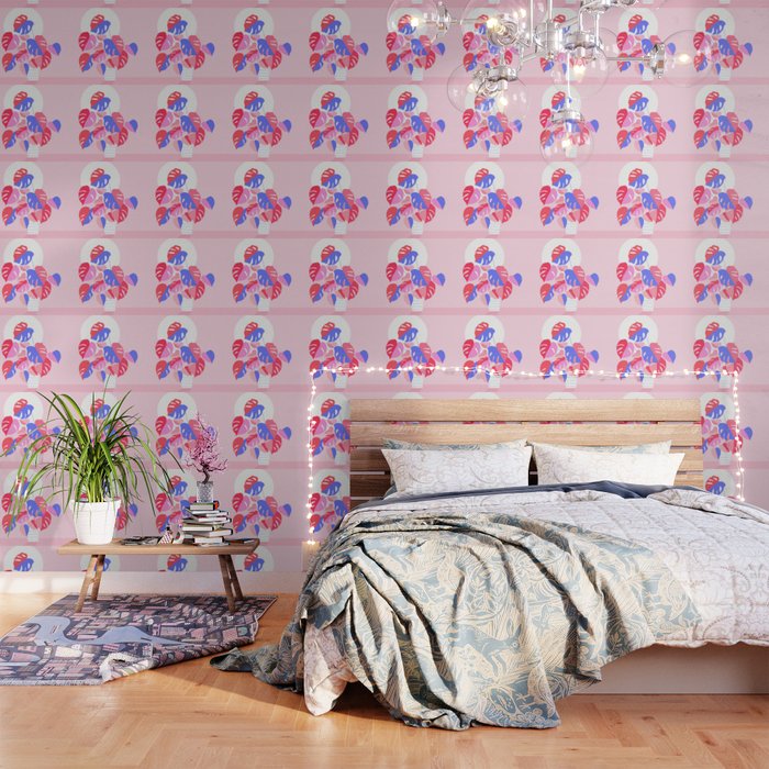 Pretty Monstera Plant in blue and pink Wallpaper Gallery Image 3