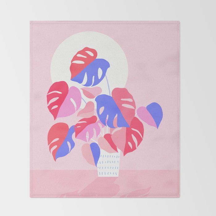 Pretty Monstera Plant in blue and pink Throw Blanket Gallery Image 2