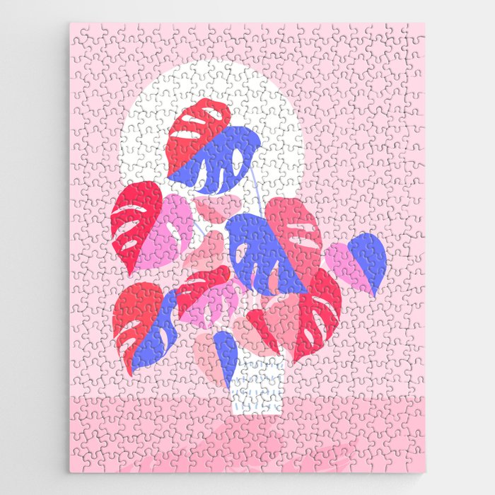 Pretty Monstera Plant in blue and pink Jigsaw Puzzle Gallery Image 1