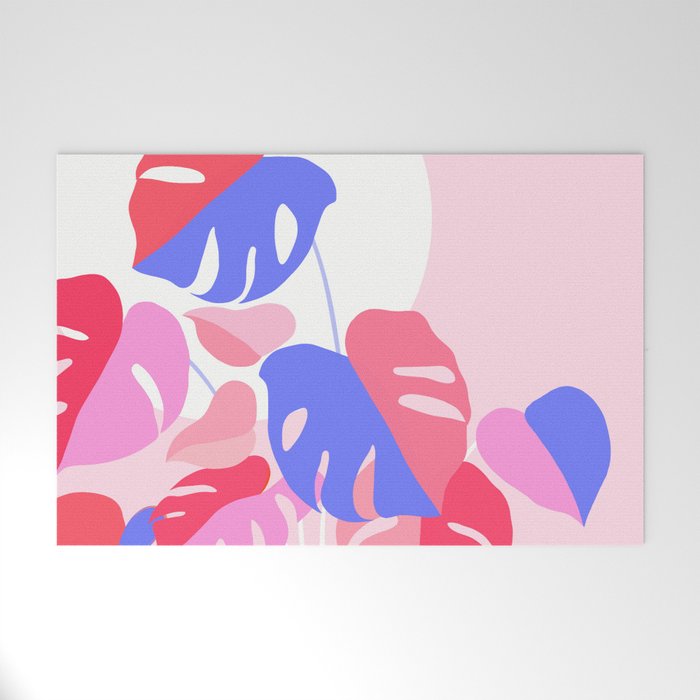 Pretty Monstera Plant in blue and pink Welcome Mat Gallery Image 1