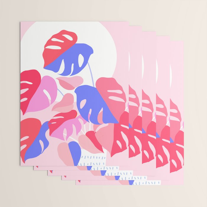 Pretty Monstera Plant in blue and pink Wrapping Paper Gallery Image 3