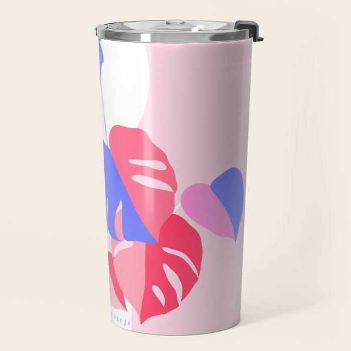 Pretty Monstera Plant in blue and pink Travel Mug Gallery Image 2