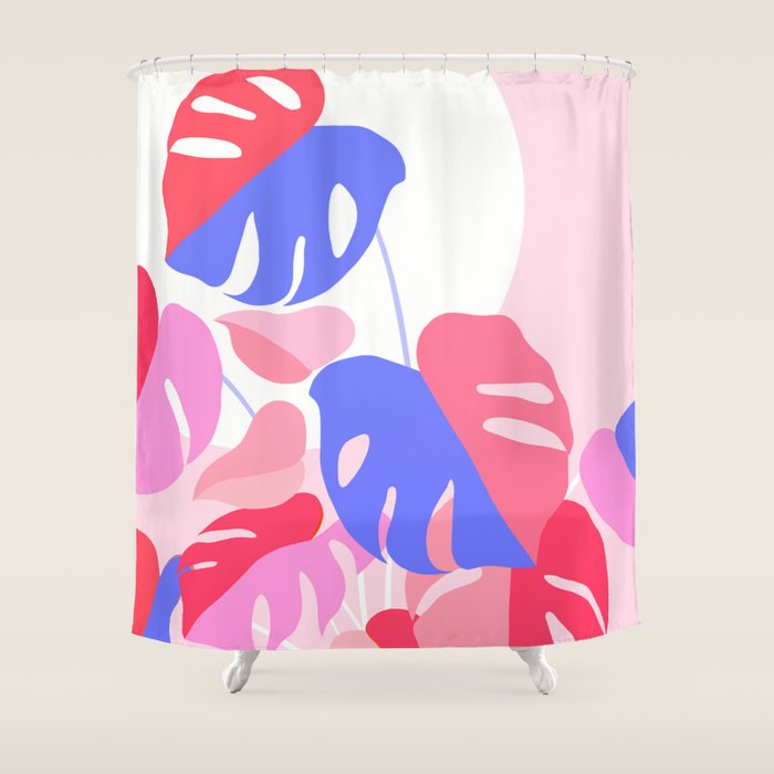 Pretty Monstera Plant in blue and pink Shower Curtain Gallery Image 1