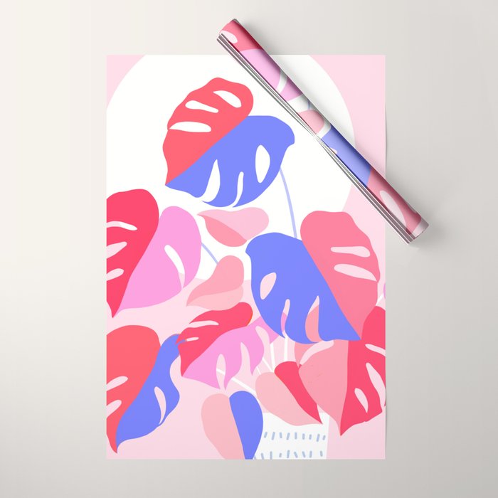 Pretty Monstera Plant in blue and pink Wrapping Paper Gallery Image 1