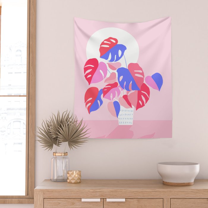 Pretty Monstera Plant in blue and pink Wall Tapestry Gallery Image 2