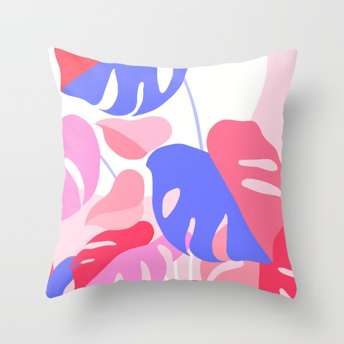 Pretty Monstera Plant in blue and pink Throw Pillow Gallery Image 6