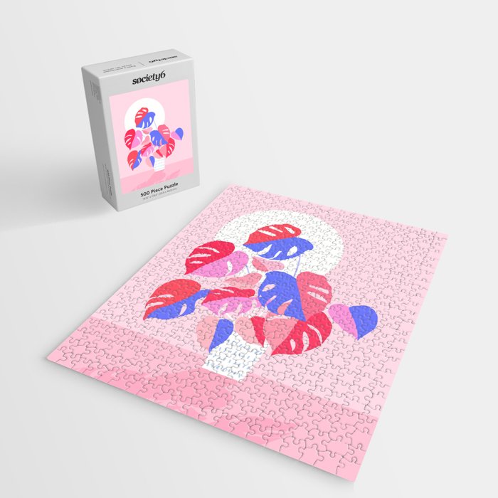 Pretty Monstera Plant in blue and pink Jigsaw Puzzle Gallery Image 2