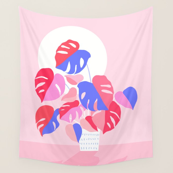 Pretty Monstera Plant in blue and pink Wall Tapestry Gallery Image 4